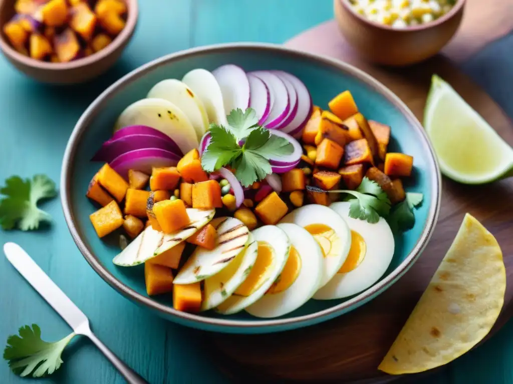 Una vibrante composición de ceviche vegano peruano en un plato de cerámica, adornado con ingredientes coloridos y servido en una mesa rústica de madera