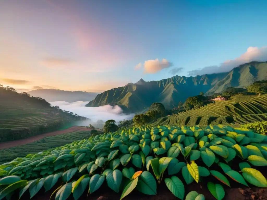 Vibrante cosecha de cacao en una granja peruana al atardecer, con gran historia del chocolate peruano autóctono