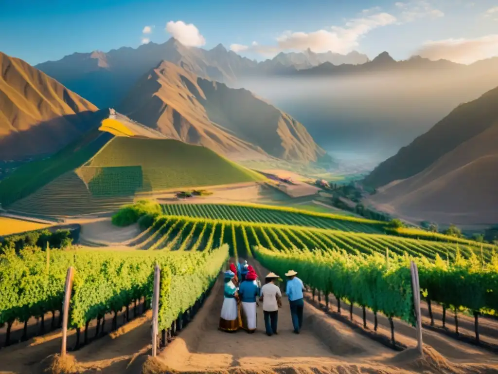 Vibrante cosecha de uvas al atardecer en viñedo familiar peruano, con la icónica Cordillera de los Andes de fondo