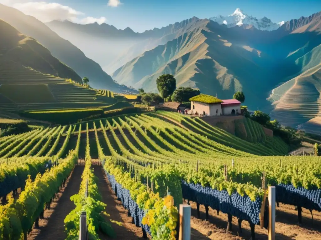 Vibrante cosecha de uvas en viñedo peruano con trabajadores seleccionando uvas bajo el sol, con los Andes de fondo