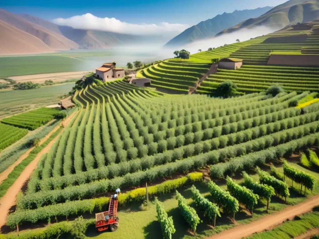 Vibrante cosecha de uvas en viñedos peruanos, con destilería de adobe y trabajadores bajo el sol