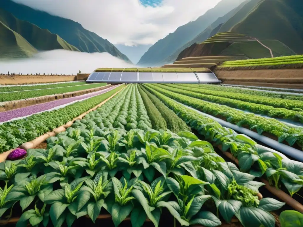 Granjas hidropónicas en Perú: agricultura sostenible y tradición culinaria Vibrante cultivo hidropónico en Perú con quinoa, ajíes y maíz morado