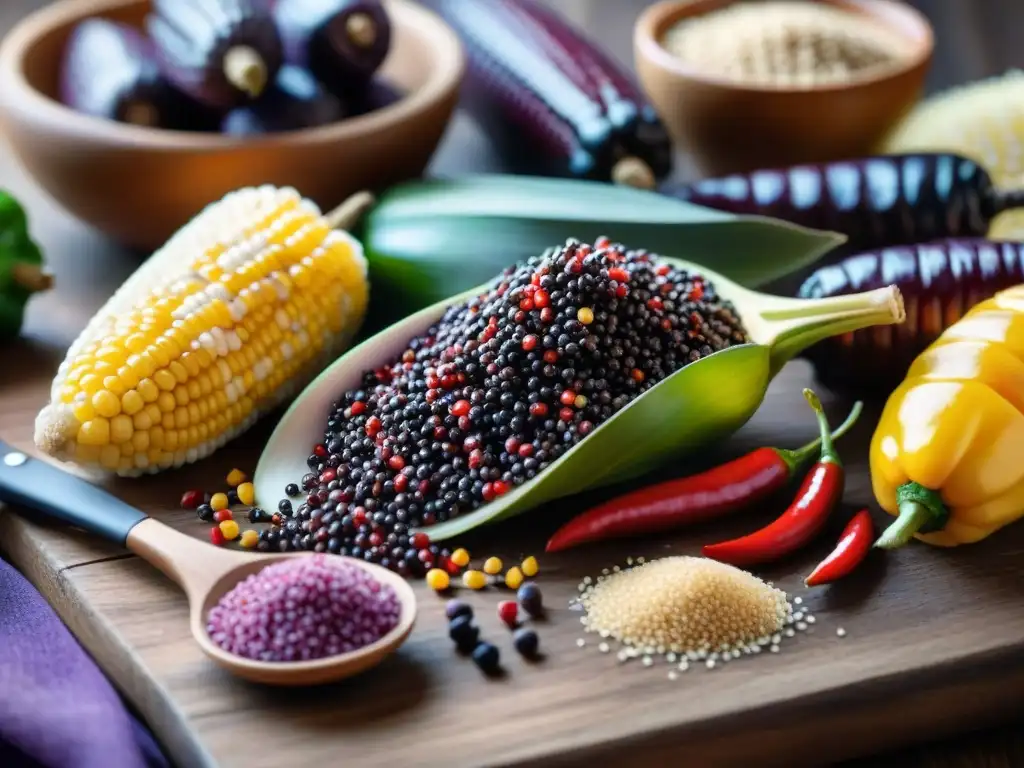 Ingredientes tradicionales peruanos: vibrante diversidad culinaria Vibrante diversidad de ingredientes autóctonos de la gastronomía peruana resaltando en una mesa rústica
