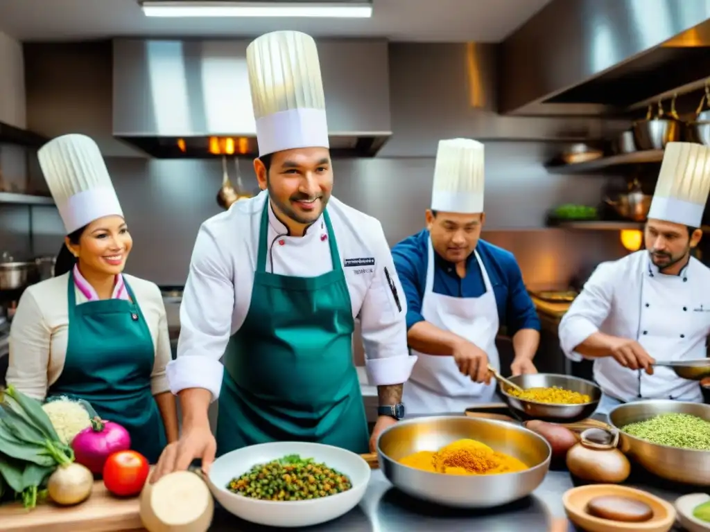 Un vibrante encuentro de chefs de diversas culturas en una cocina peruana, reflejando iniciativas gastronomía inclusiva Perú