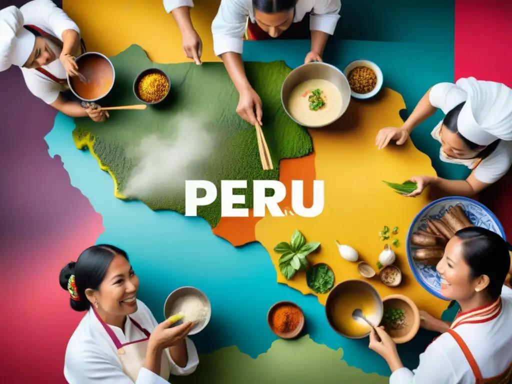 Un vibrante encuentro de chefs peruanos de ascendencia africana, china y japonesa, intercambiando saberes culinarios alrededor de un mapa de Perú