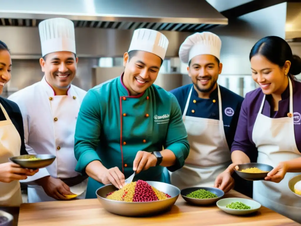 Un vibrante encuentro en la cocina: chefs y estudiantes peruanos, ingredientes coloridos, gastronomía peruana inclusión social