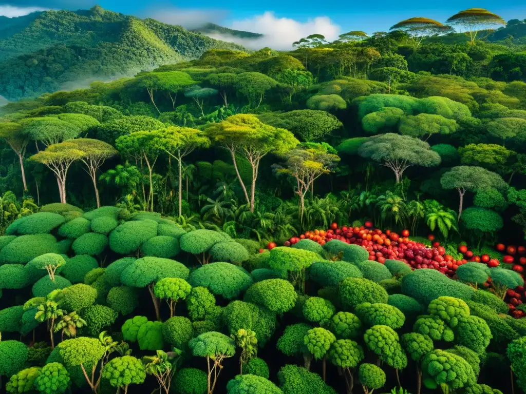 Vibrante escena del Amazonas peruano con un árbol de camu camu cargado de frutos rojos maduros