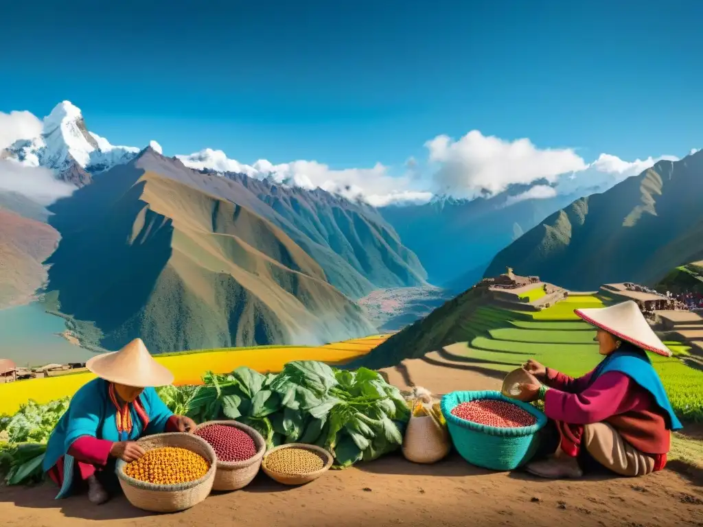 Vibrante escena andina: agricultores peruanos exhiben tarwi en mercado, rodeados de montañas y cielo azul