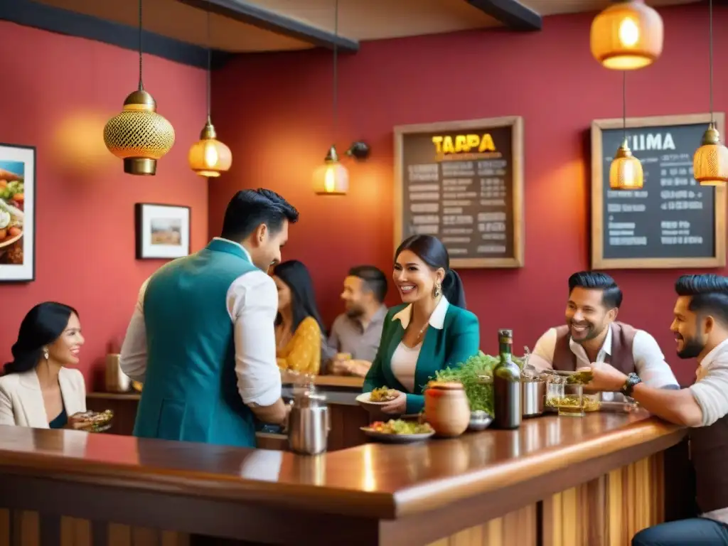 Vibrante escena de bar de tapas en Lima con Gastronomía peruana platos tradicionales fusiones