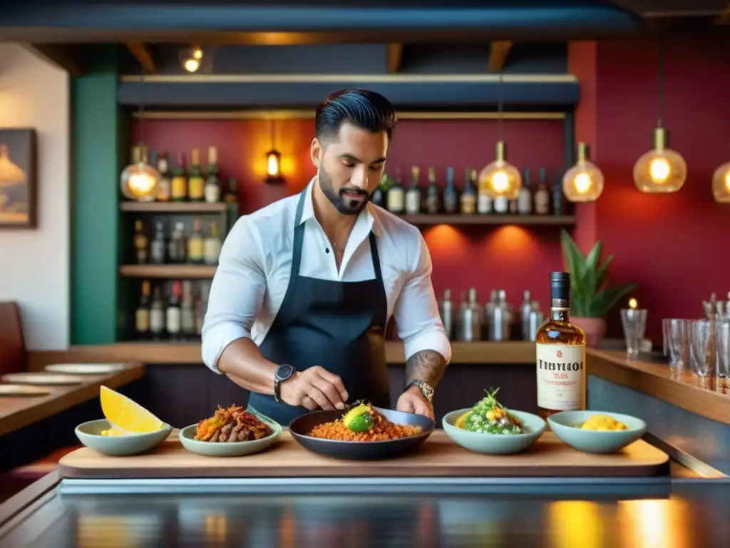 Una vibrante escena en un bar de tapas peruano, con platos coloridos y preparados con detalle, creando un ambiente auténtico y emocionante