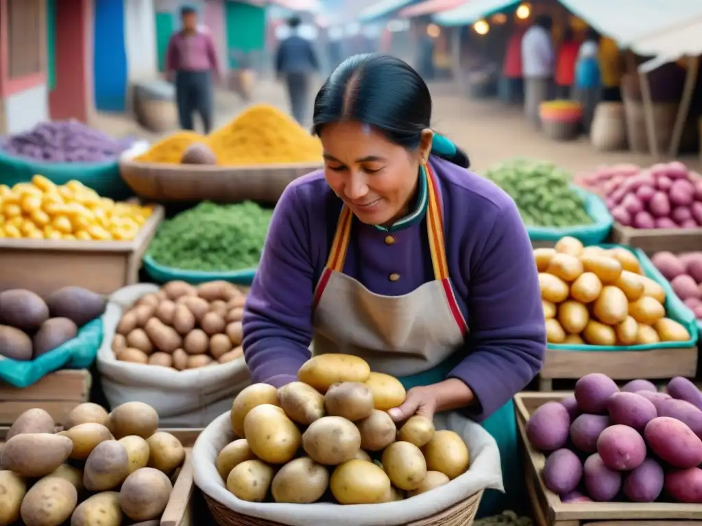 Una vibrante escena de un bullicioso mercado peruano, destacando la importancia de la papa en Perú