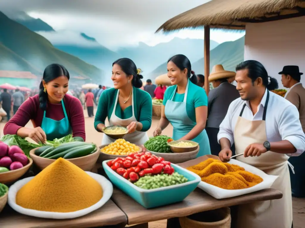 Una vibrante escena de un bullicioso mercado peruano, con chefs locales preparando ceviche y platos típicos