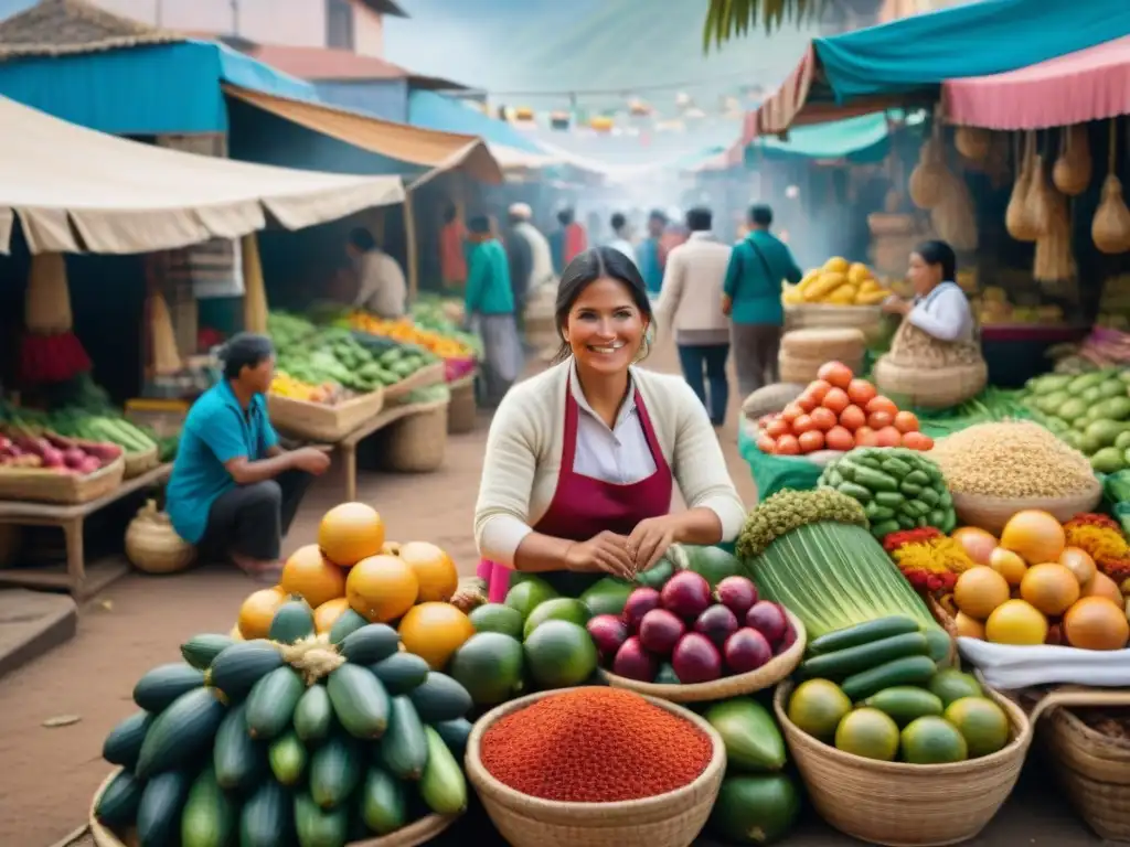 Una vibrante escena de un bullicioso mercado peruano, reflejando la fusión de tradiciones y sabores en la cocina peruana tradicional e innovadora