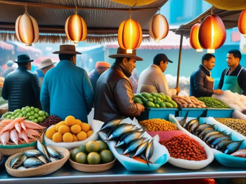 Una vibrante escena de un bullicioso mercado de mariscos en Lima, Perú, con una variedad de comida marina peruana y vendedores tradicionales