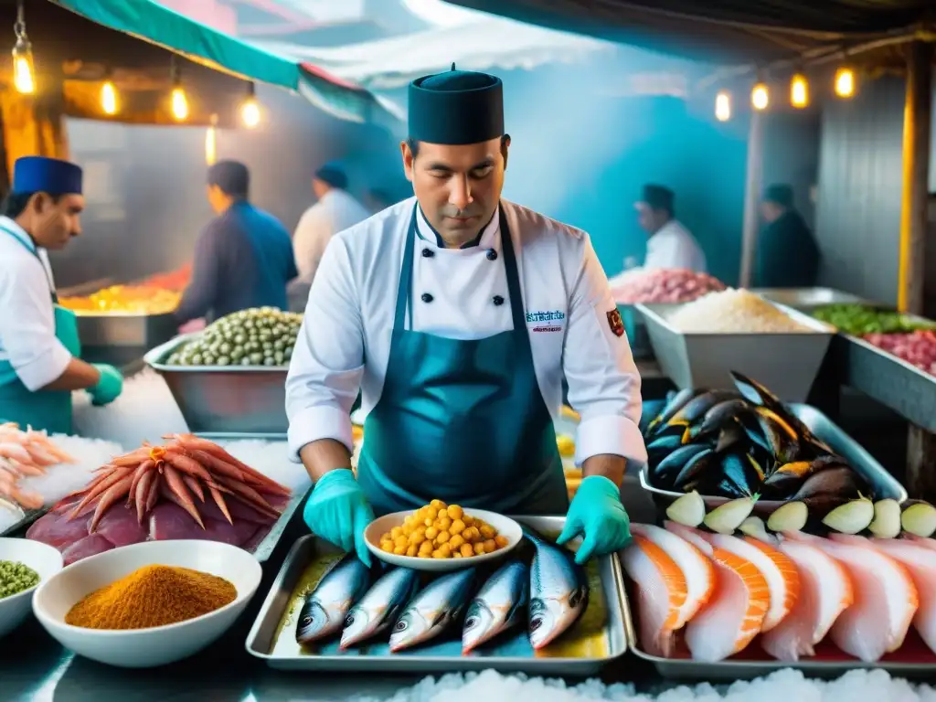 Una vibrante escena de un bullicioso mercado de pescado peruano, con ingredientes autóctonos y chefs expertos