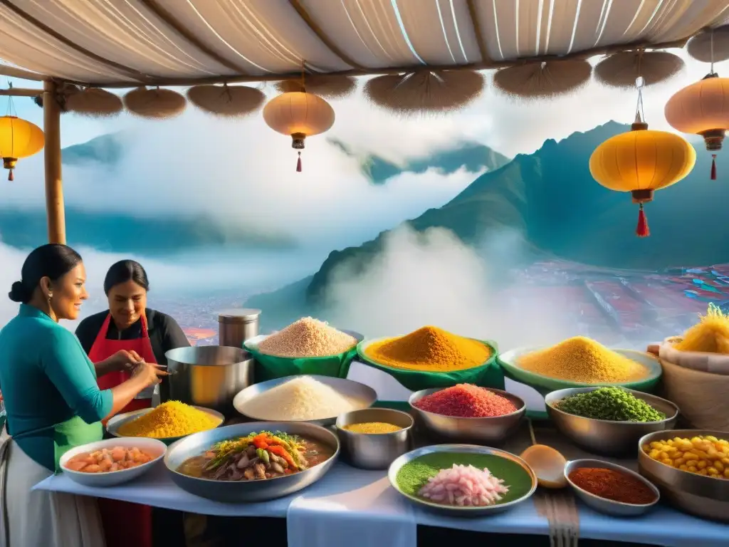 Una vibrante escena del bullicioso mercado de alimentos en el Festival Gastronómico Mistura en Perú, con platos tradicionales y coloridos