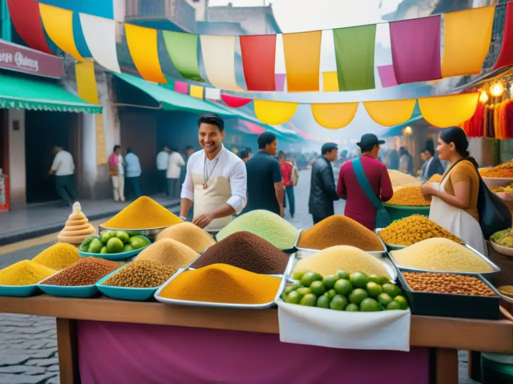 Una vibrante escena callejera en Lima, Perú, con un puesto de postres tradicionales y la preparación de Suspiro a la Limeña