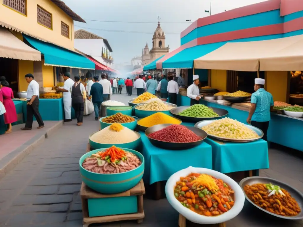 Una vibrante escena callejera en Tacna, Perú, con puestos de comida coloridos y chefs preparando ceviche y anticuchos