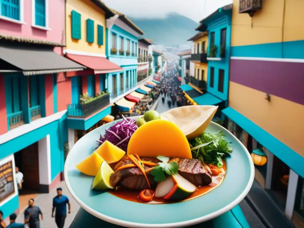 Una vibrante escena callejera en Lima, Perú, con música en vivo, deliciosa comida y colorido arte urbano