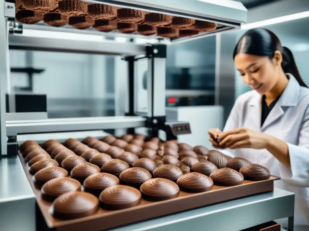 Vibrante escena de impresión 3D chocolate peruano innovador en fábrica, fusión de tradición y tecnología