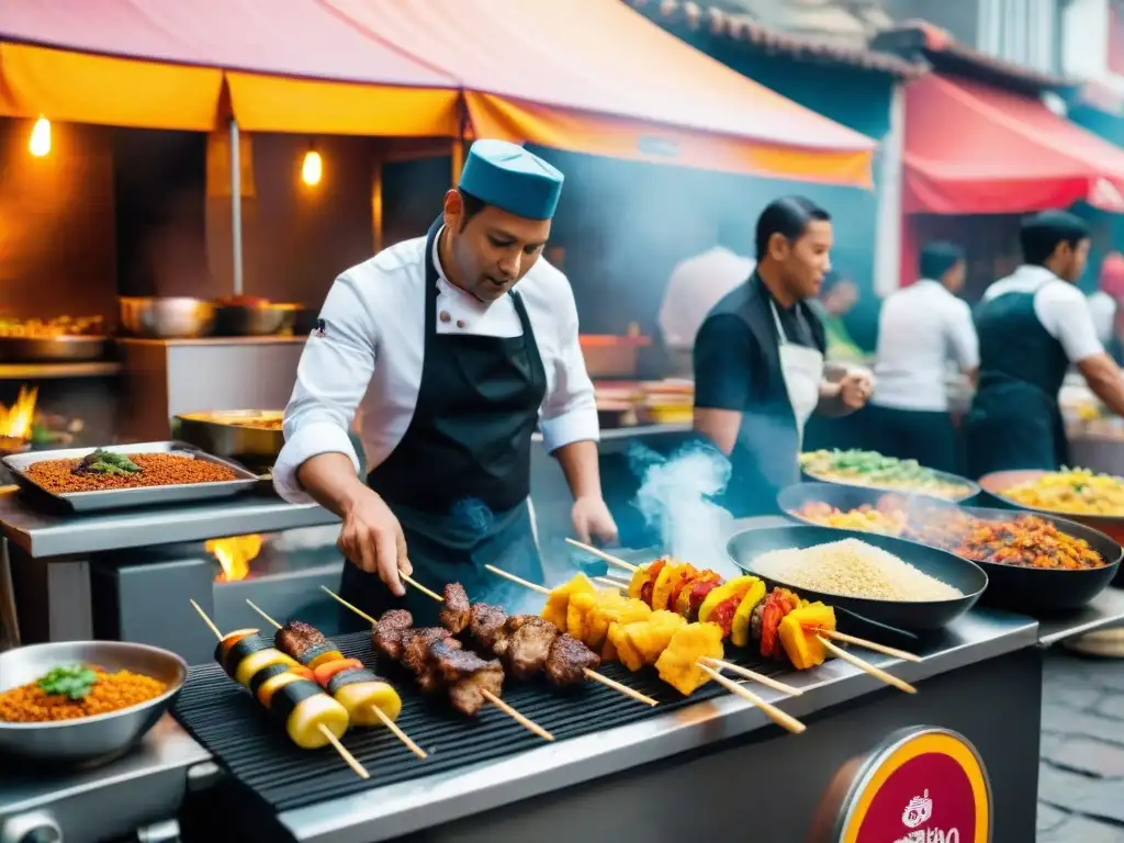 Una vibrante escena de comida callejera en Lima, fusionando lo tradicional y moderno en una evolución gastronómica