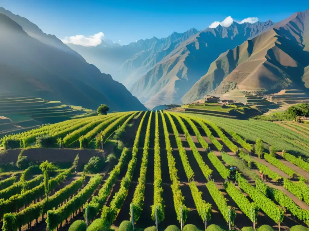 Vibrante escena de cosecha de uvas pisco en viñedos de Ica, Perú, con trabajadores en trajes tradicionales