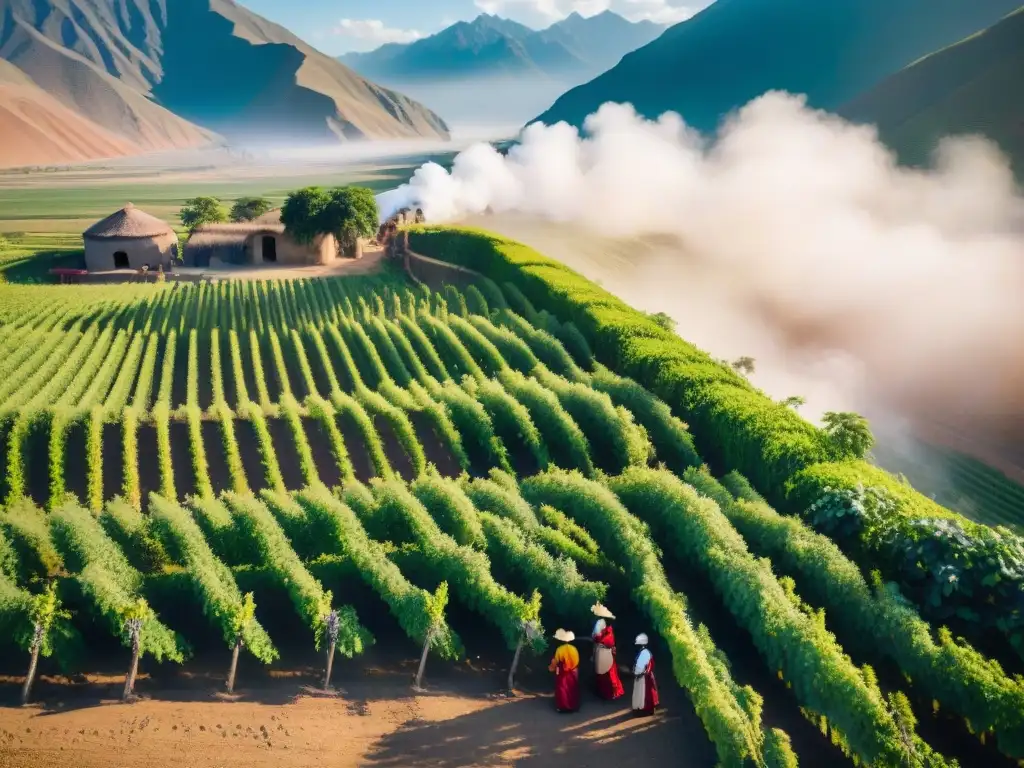 Vibrante escena de la cosecha de uvas en viñedos peruanos, destacando la Importancia del pisco en Perú