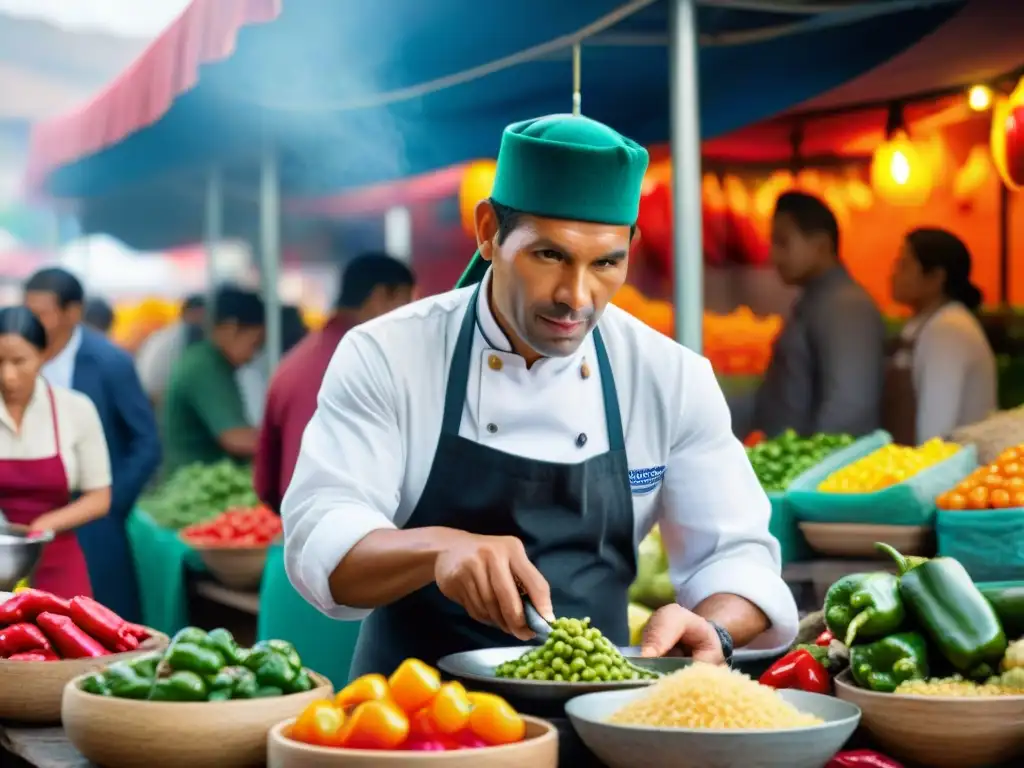 Explora la vibrante escena culinaria en un mercado de Lima, Perú, con un chef preparando ceviche