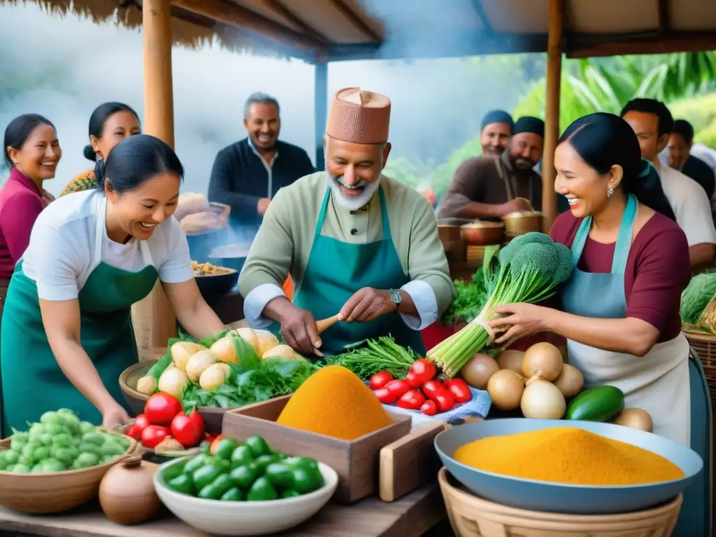 Vibrante escena de diversidad cultural en un mercado, cocinando kiwicha