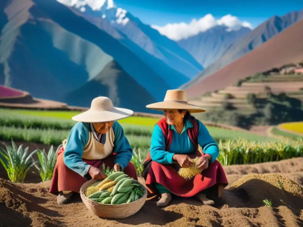 Vibrante escena familiar andina cosechando quinoa, transmitiendo saberes intergeneracionales