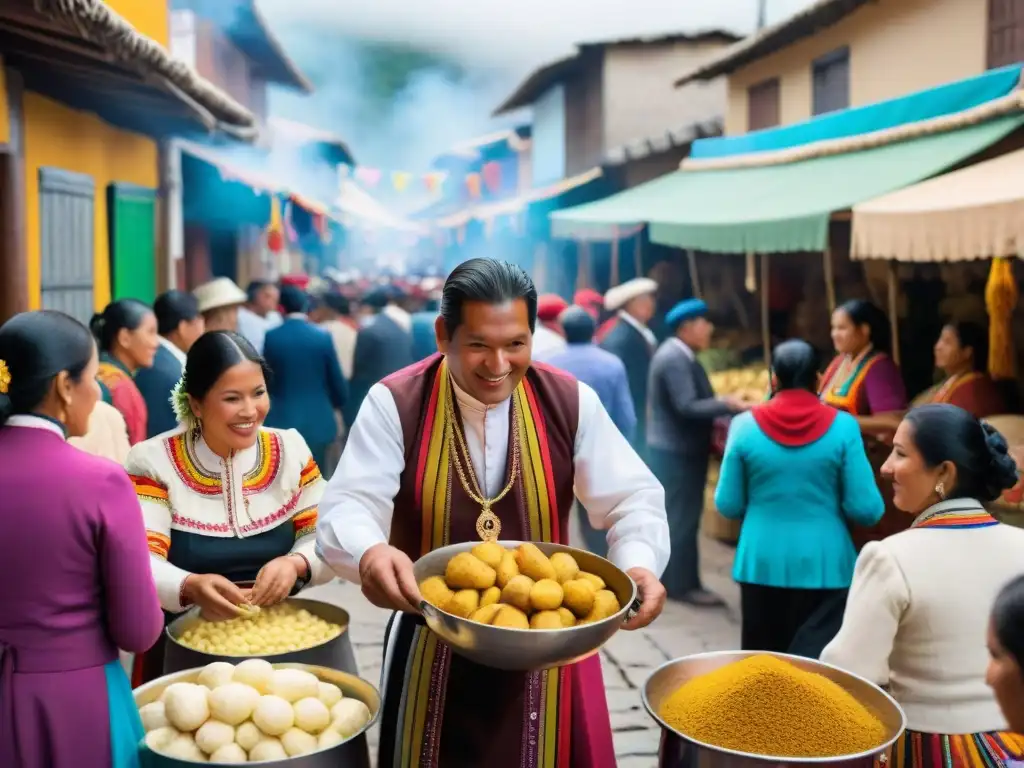 Vibrante escena del Festival de la Papa Andina en Perú: colorida vestimenta tradicional, puestos de comida y celebración comunitaria