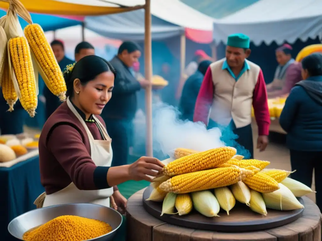 Vibrante escena del Festival del Choclo en Huaraz, con puestos coloridos y platos andinos, celebrando la rica herencia culinaria de los Andes