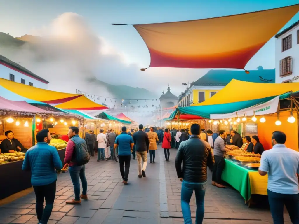 Vibrante escena del Festival de Comida Callejera en Lima, con puestos coloridos y platos peruanos