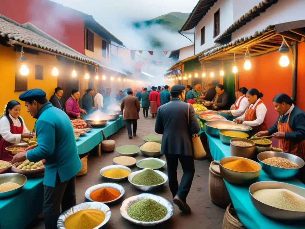 Vibrante escena en el Festival del Cuy en Huancavelica: vendedores preparan platos tradicionales mientras la multitud disfruta la festividad