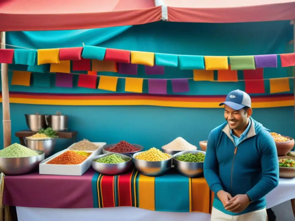 Vibrante escena de festival gastronómico internacional con un colorido puesto peruano ofreciendo ceviche, lomo saltado y causa