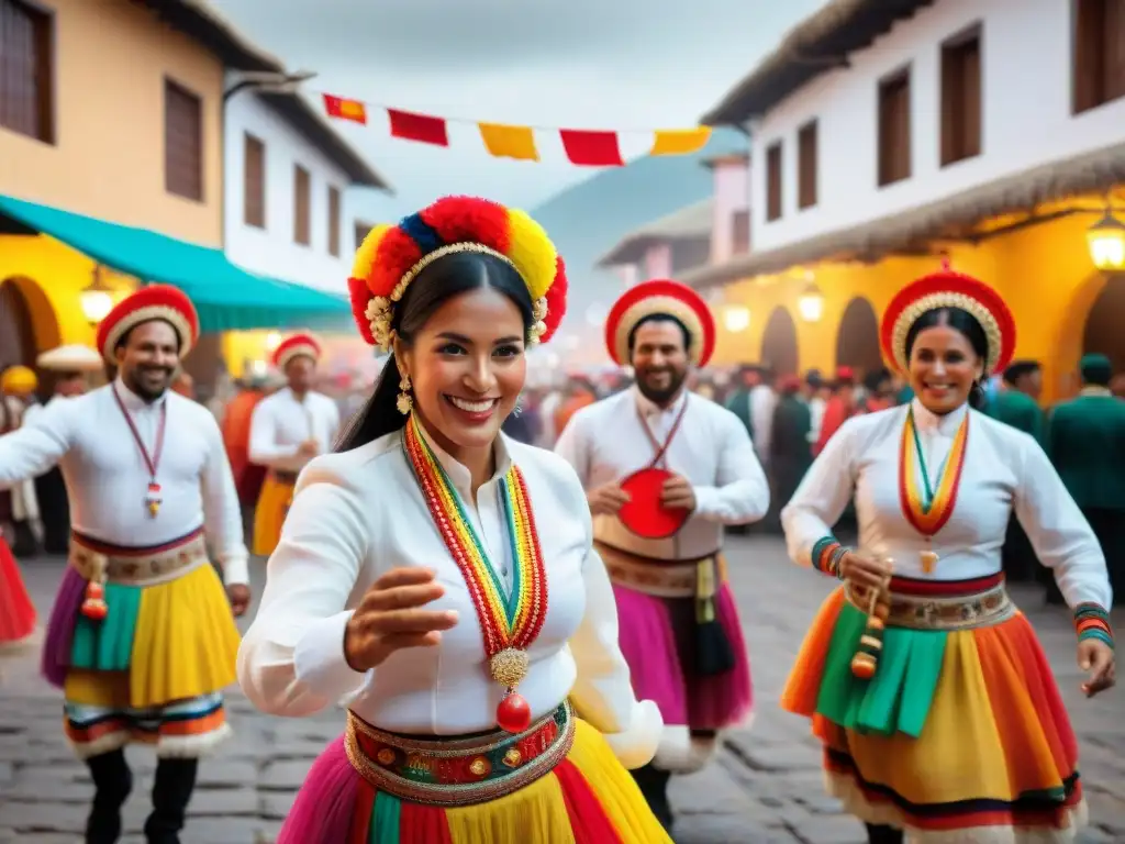 Vibrante escena del Festival Nacional del Pisco en Perú: coloridos trajes, bailes y alegría en la plaza