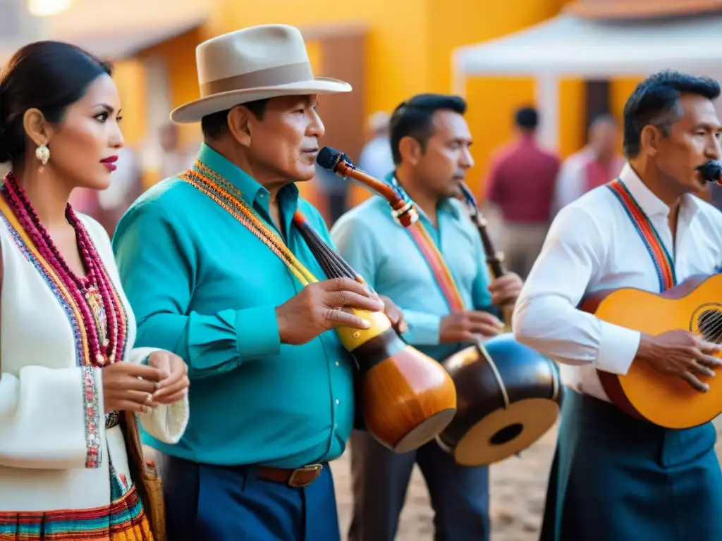 Vibrante escena del Festival del Rocoto Relleno Perú con músicos locales y colorida vestimenta, celebrando la cultura y la comunidad