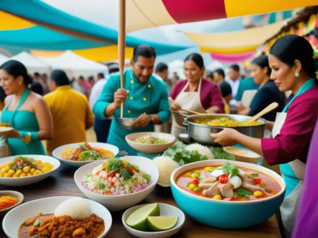 Una vibrante escena de festividades de la gastronomía peruana, con chefs locales y variados platillos, expresando diversidad y tradición