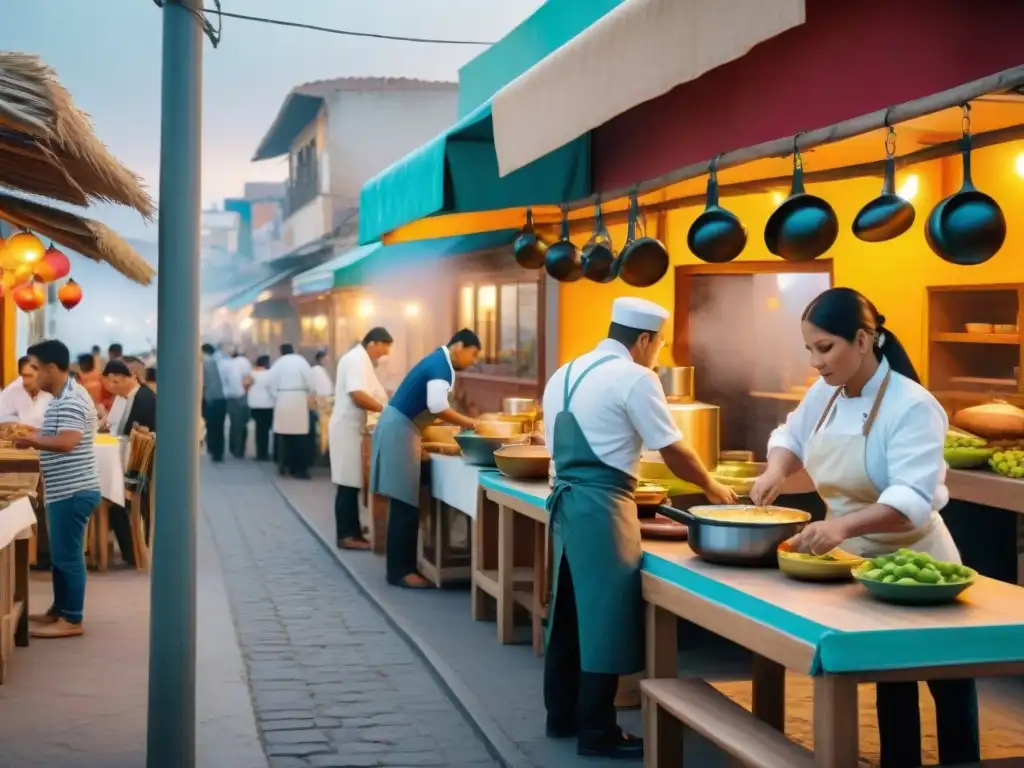 Vibrante escena de Gastronomía peruana en Tacna internacional: restaurantes coloridos, comensales felices y sabores que invitan a disfrutar