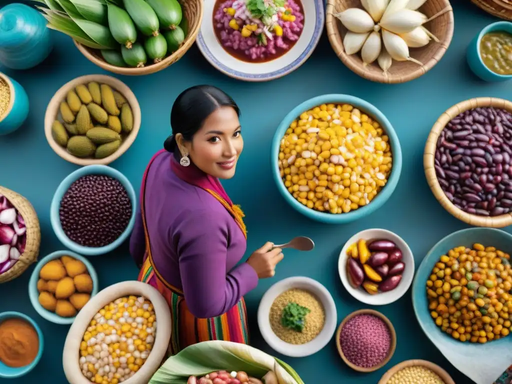 Una vibrante escena de la gastronomía peruana: coloridas frutas, maíz morado y platos tradicionales en un mercado bullicioso