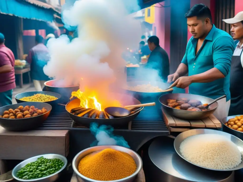 Vibrante escena de mercado callejero peruano con comidas tradicionales, donde startups revolucionan comida callejera peruana