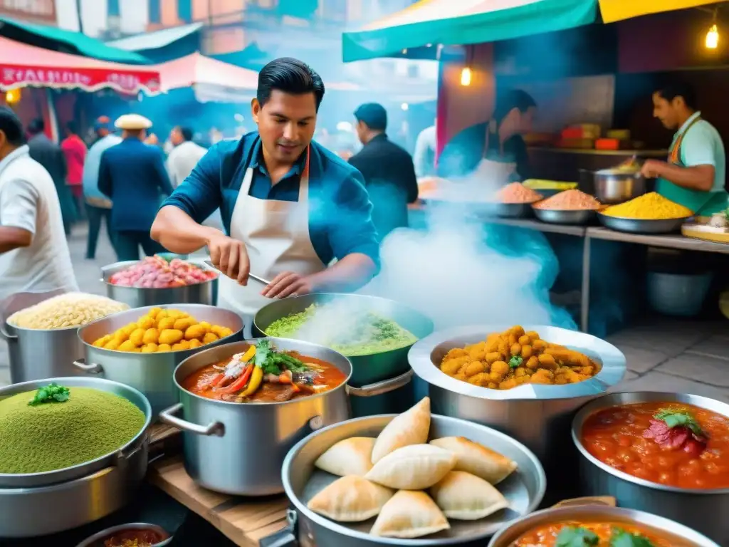 Vibrante escena de mercado callejero en Perú, donde la cocina callejera refleja identidad y tradición