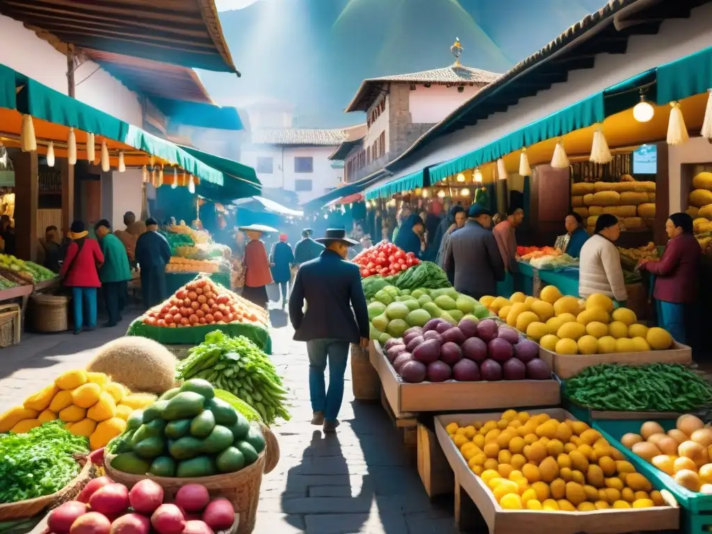 Vibrante escena del Mercado de San Pedro en Cusco, Perú, repleto de coloridas frutas, verduras y artesanías