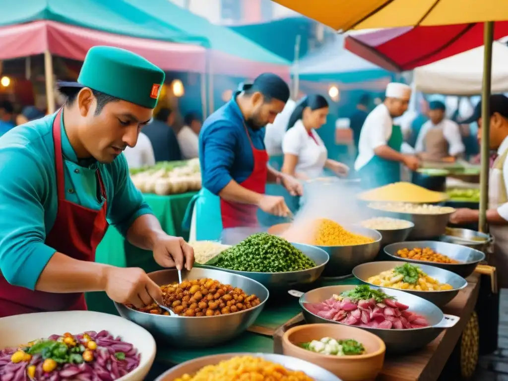 Una vibrante escena de un mercado de comida al aire libre en Lima, Perú, con platos peruanos fusión gastronómica internacional