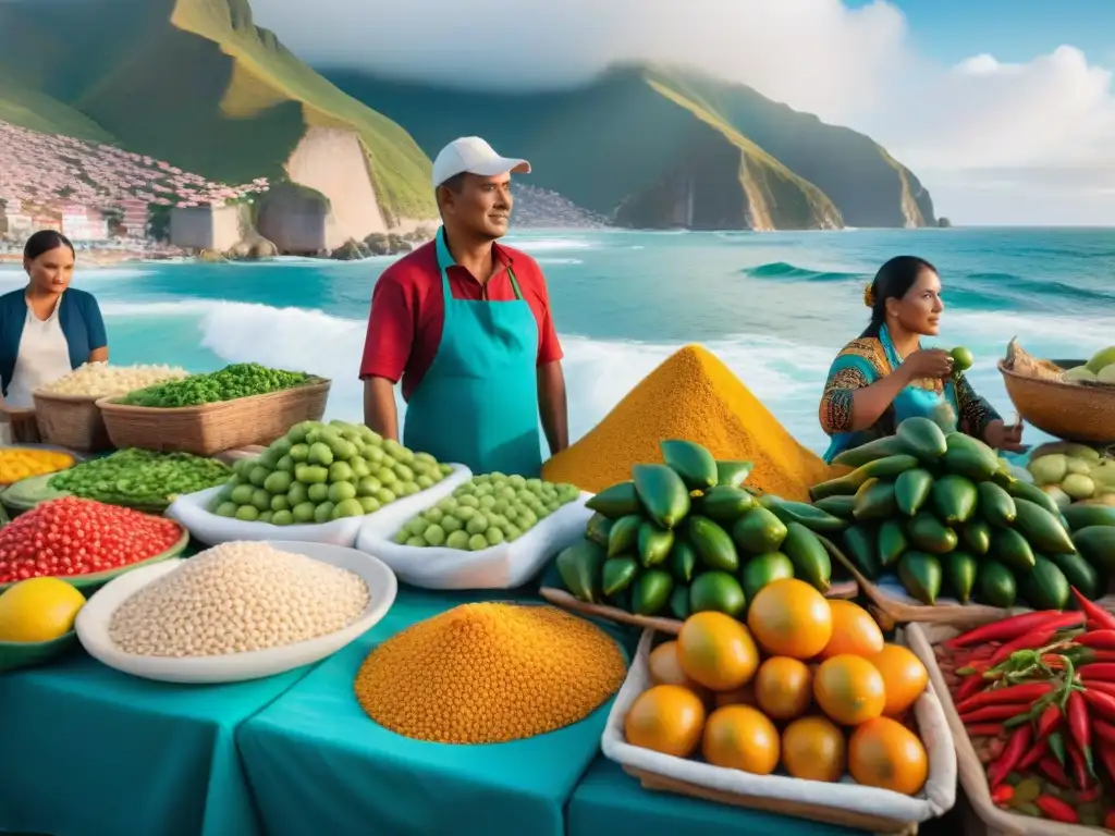 Una vibrante escena de mercado costero en Perú con ingredientes frescos para ceviche