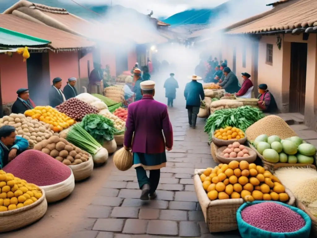 Vibrante escena de mercado en Cusco y Valle, mostrando la riqueza de la gastronomía peruana con ingredientes locales