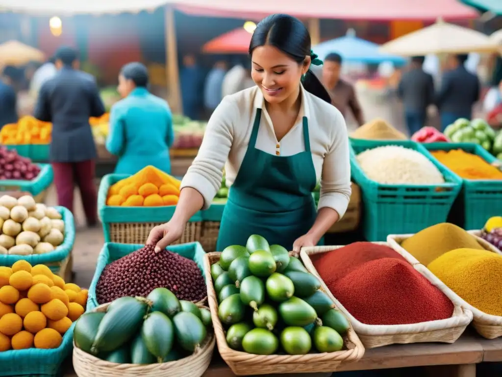 Una vibrante escena en el Mercado Surquillo de Lima, Perú, muestra la diversidad gastronómica y cultural del lugar