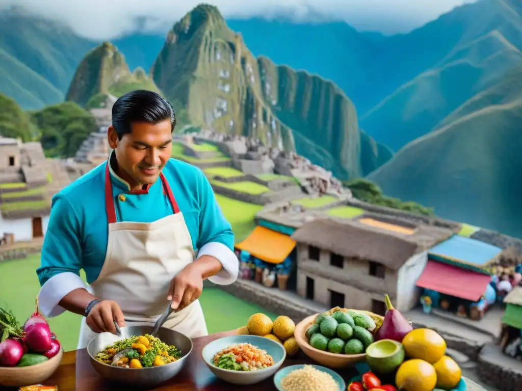 Una vibrante escena de mercado en Perú con exóticas frutas, especias locales y un chef preparando ceviche