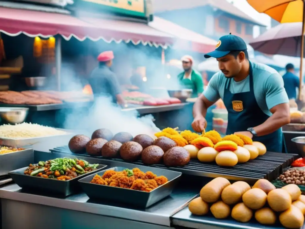 Una vibrante escena de un mercado en Lima, Perú, con hamburguesas al estilo peruano