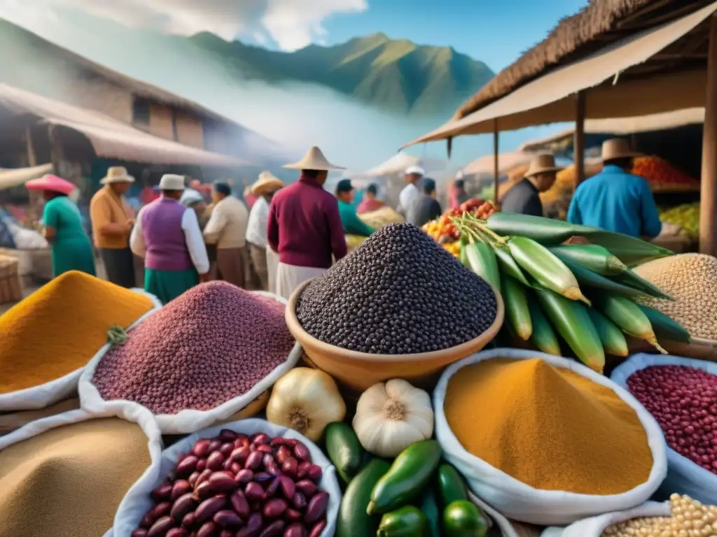 Una vibrante escena de mercado en Perú, con ingredientes autóctonos coloridos y exóticos